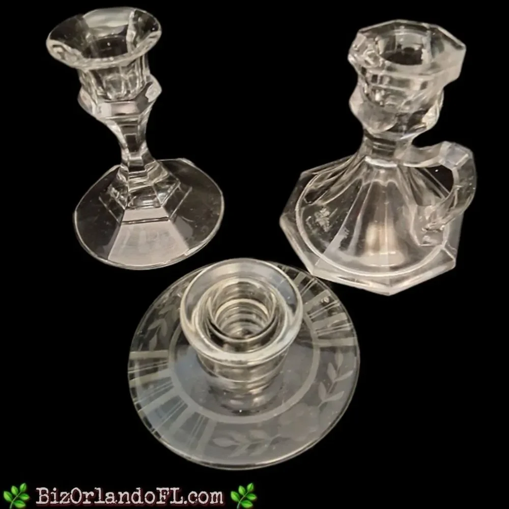 VINTAGE: Lot (3) Elegant Styles & Size Glass Candlestick Holders Art Glass Decor